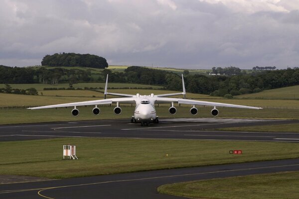 A plane with large wings is on the runway