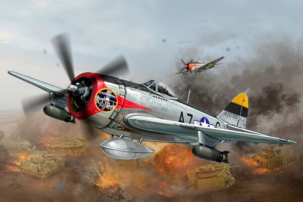 Amerykański P-47 bombarduje Czołgi lądowe, pozostawiając za sobą pióropusz ognia