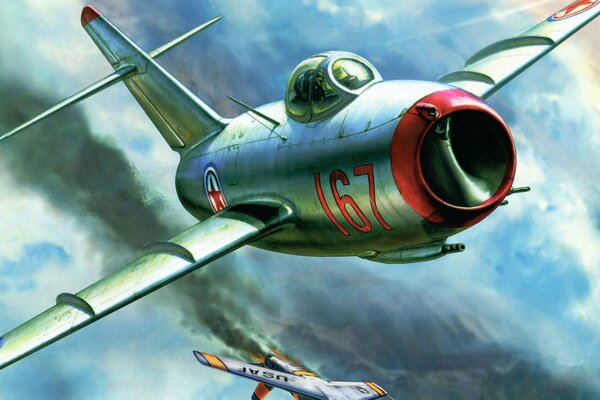 Disegno di un combattente MiG-15 che vola nel cielo