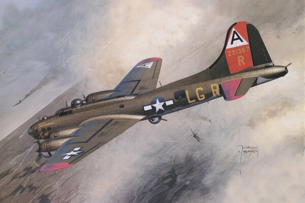 Drawing of an air battle. American bomber in action