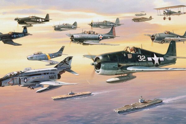 A parade of planes from different eras over the ocean