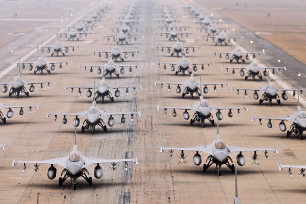 Fighters settled down on the runway during the day