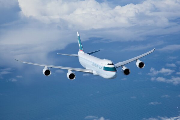 Cargo plane flies against the background of clouds