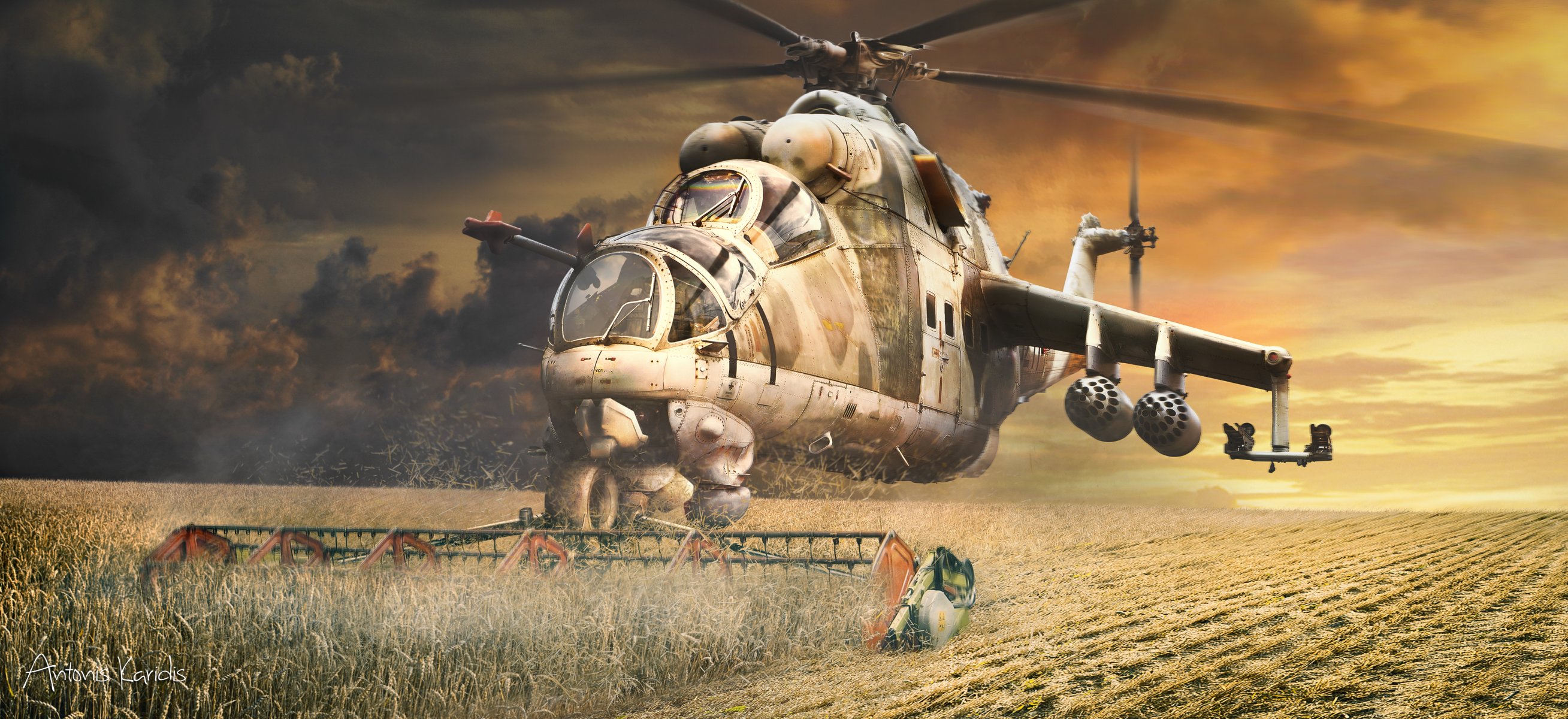 hubschrauber kunst mi-24 feld getreide ernte mäher