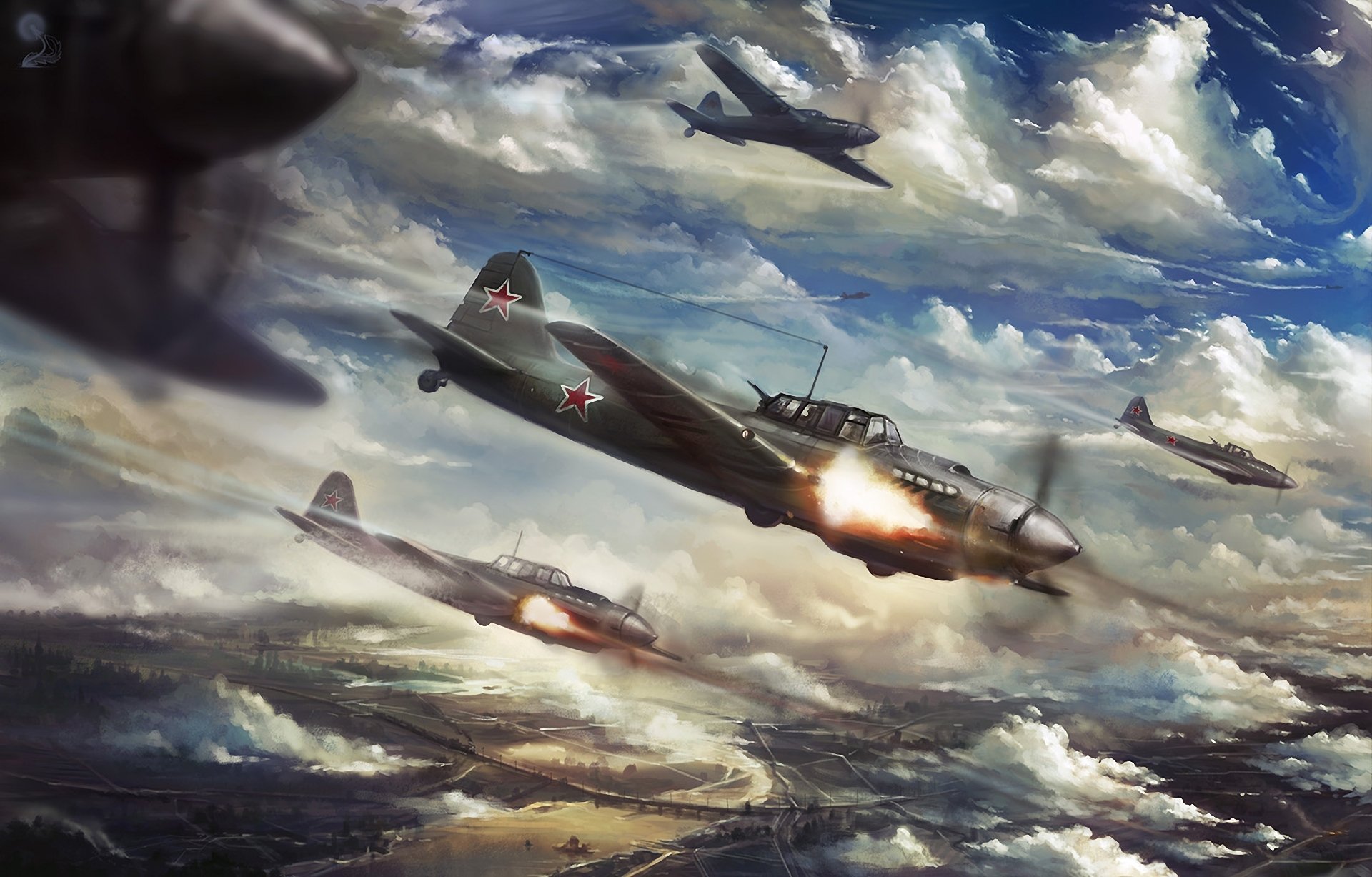 art il-2 attack aircraft planes world war ii city attack attack shelling clouds river