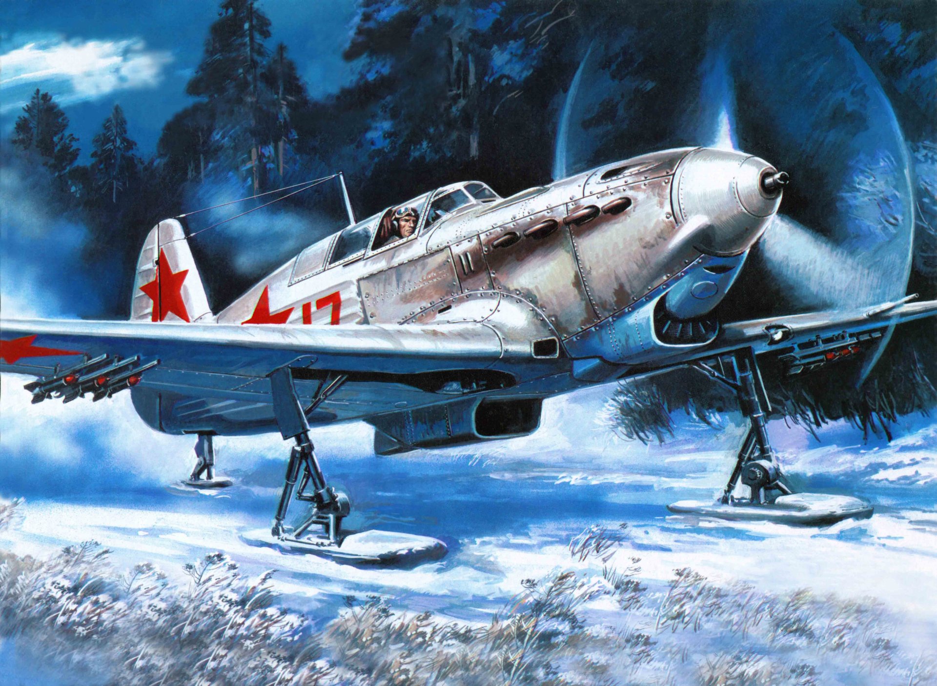 aircraft yak-7 soviet single-engine fighter from maya 1942 to december 1943. total was built 5120 pieces ww2. ziminiy variant on axles landing gear aircraft instead of wheels worn skis takeoff secret airfield