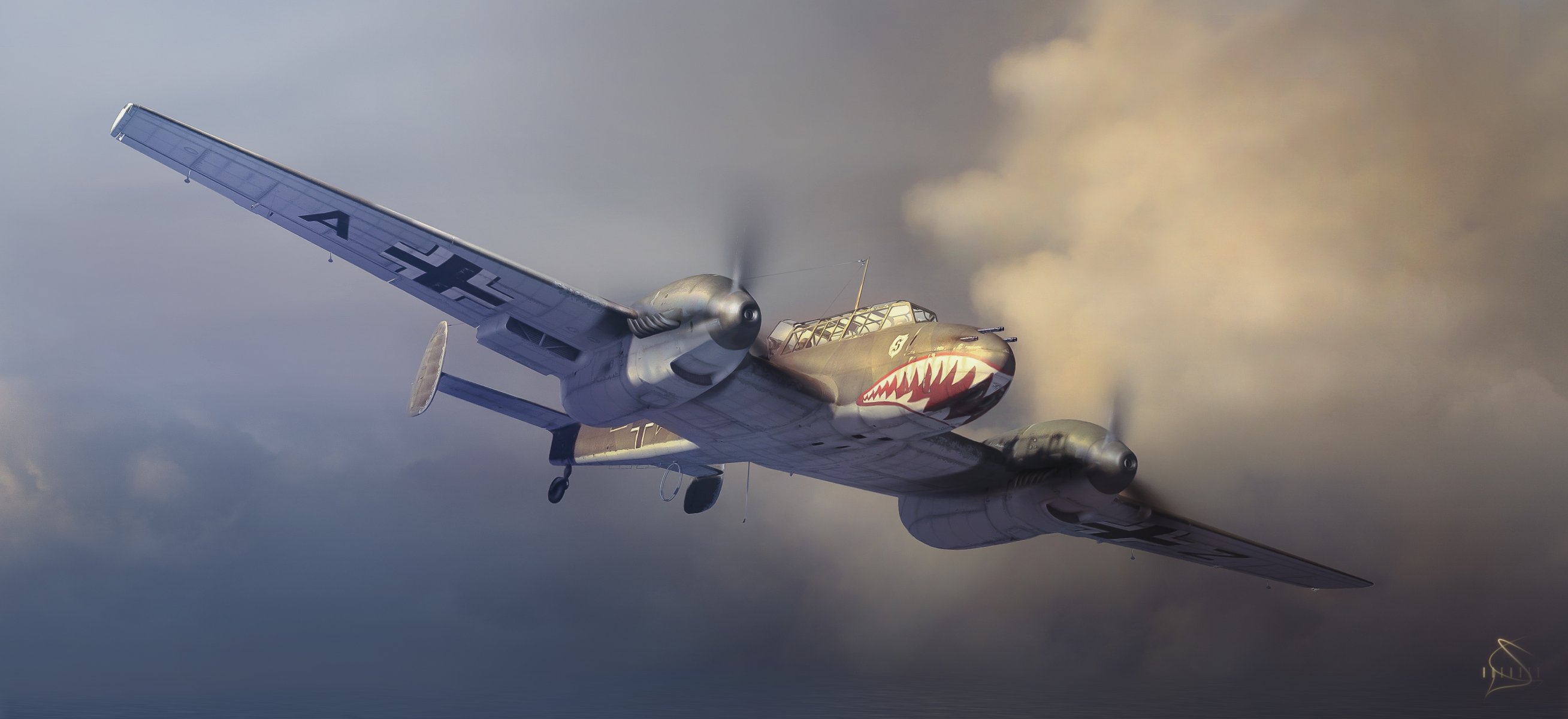 art messerschmitt bf 110 avion rétro dans le ciel vol sourire dessin bouche