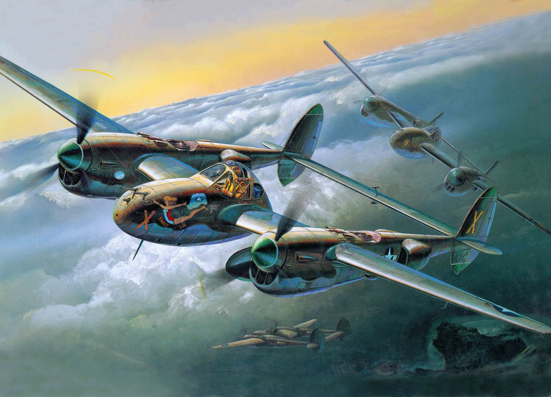 art plane p-38j lightning fighter bomber ww2