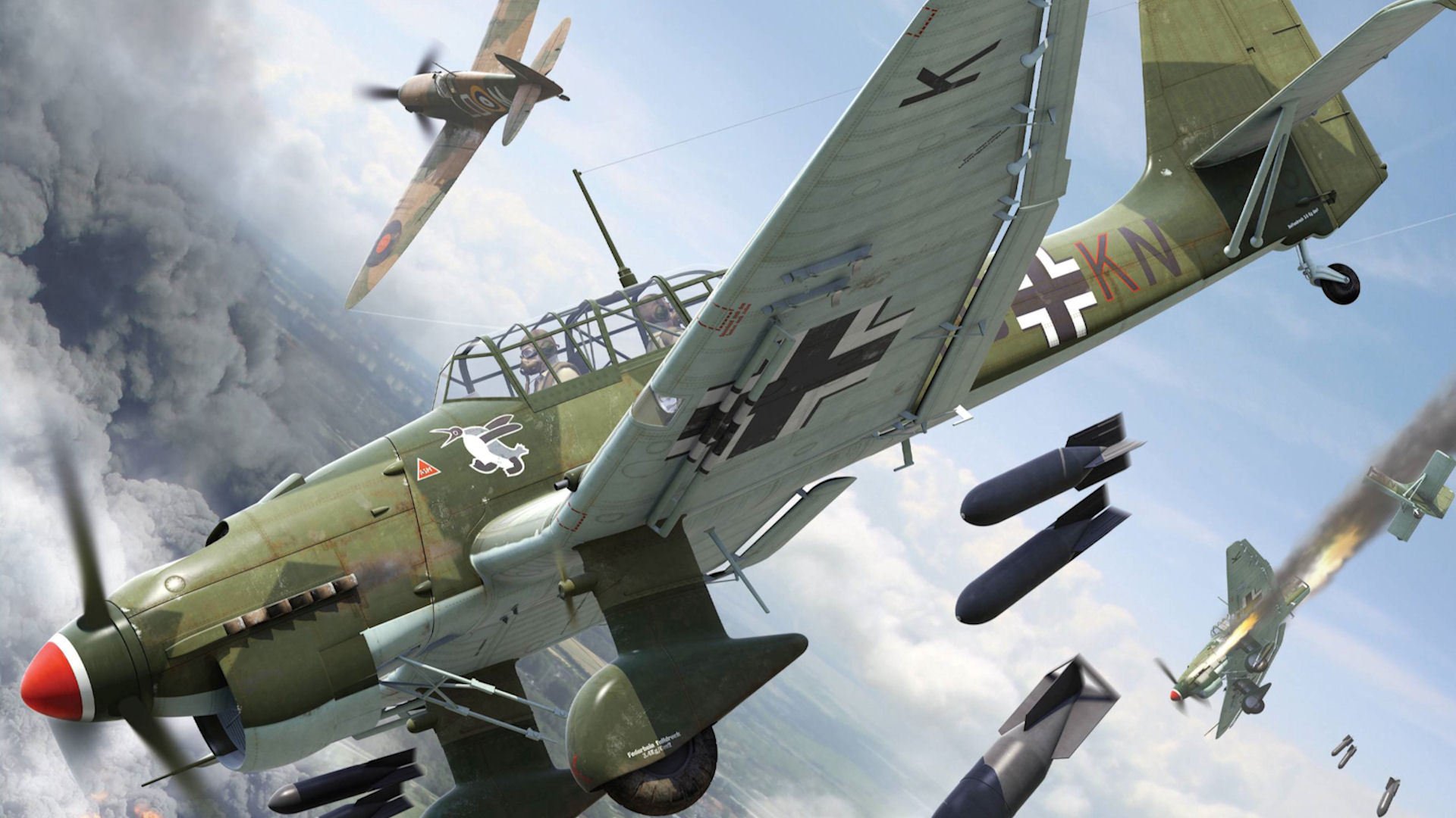 junkers yu-87 stuka łapacz łapacz sturzkampfflugzeug bombowiec nurkujący szturmowiec supermarine spitfire walka powietrzna bomby dym ogień