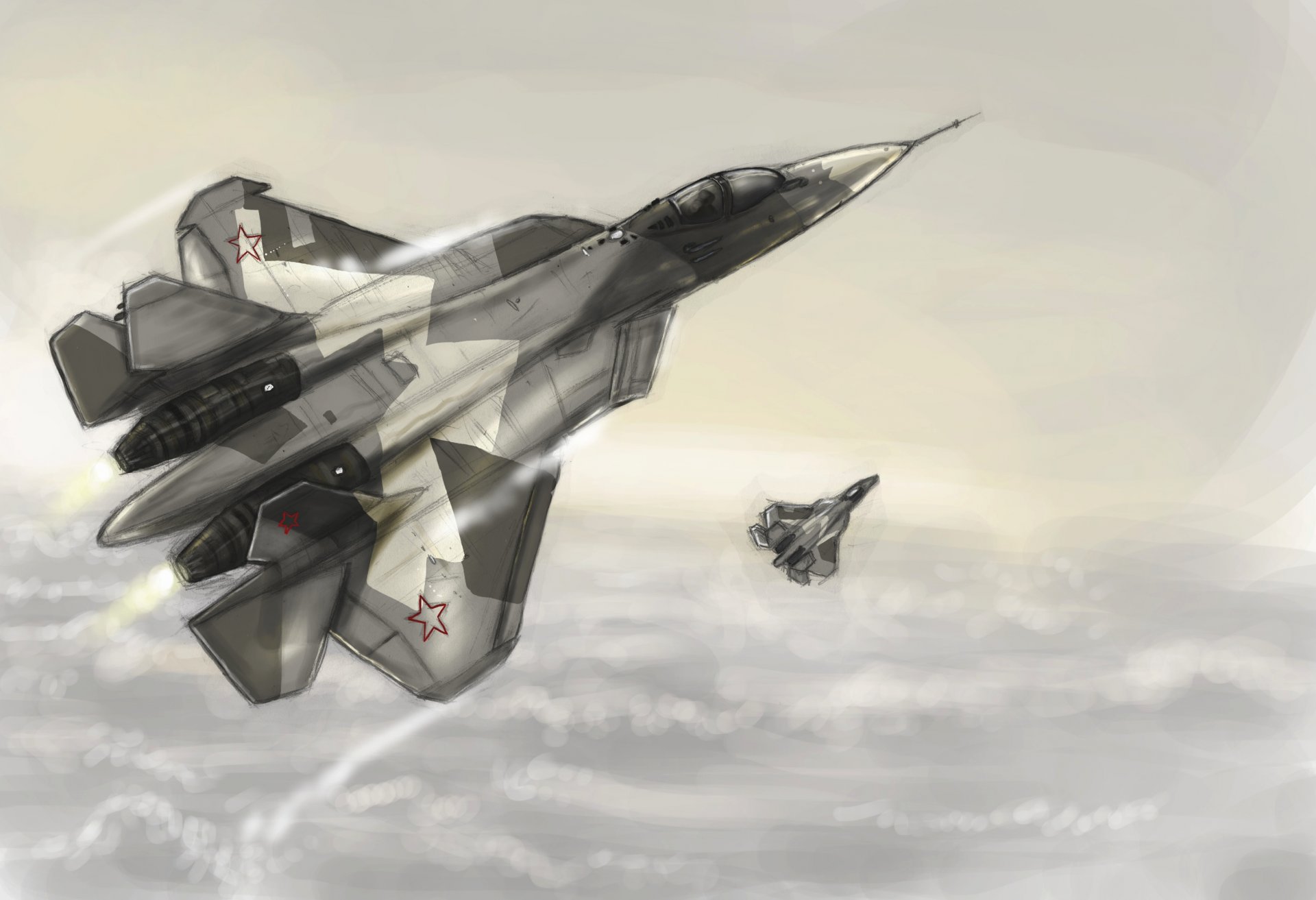 sec pak fa t-50 pak fa air force polyvalent combattant dessin vol altitude nuages ciel