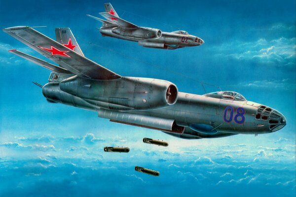 Samolot bombowy il - 28 zrzuca pociski