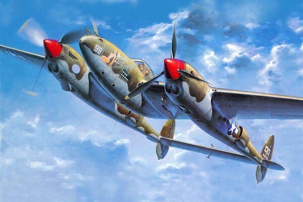 Zeichnung eines amerikanischen Kampfflugzeugs auf einem Hintergrund von Wolken
