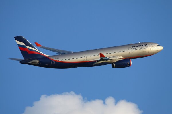 Silberner Airbus fliegt in den blauen Himmel