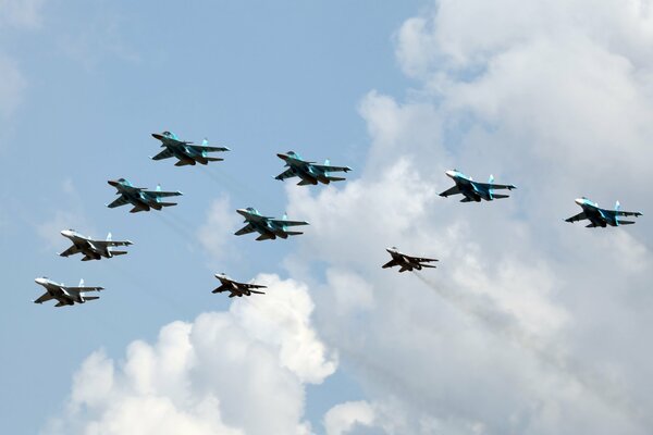 A column of Russian fighters on parade