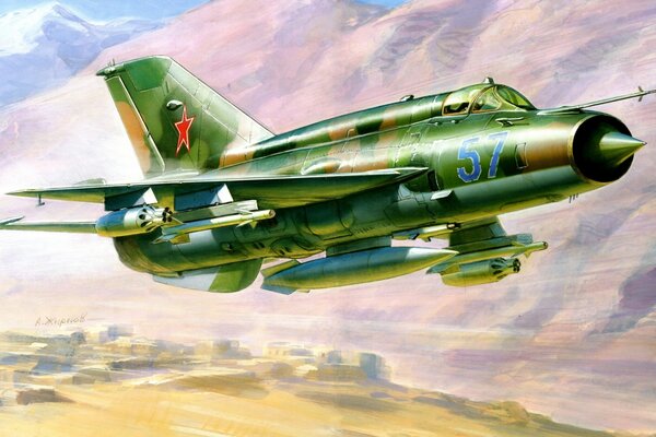 Ein Mig-21-Kampfflugzeug. Zeichnung von Zhirnov