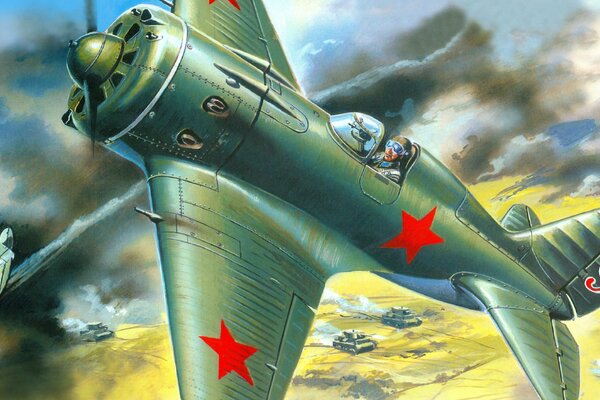 Radziecki myśliwiec nad polem z czołgami