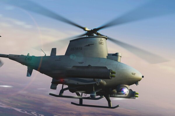 Unmanned helicopter in the sunset sky