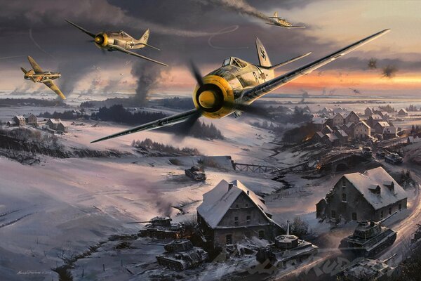 Focke Wolf planes battle over the village