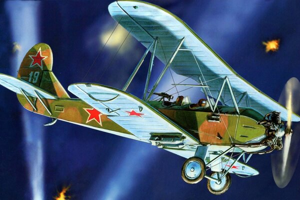 Disegno di un aereo aliante sovietico su una spinta elicoidale che vola sotto i colpi di artiglieria