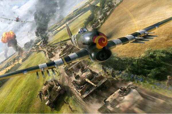 Flying British attack planes over German tanks