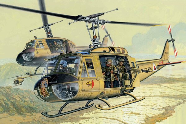 Art of an American helicopter on the background of mountains