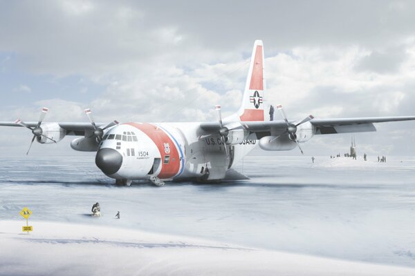 Avion debout en Antarctique à côté des pingouins