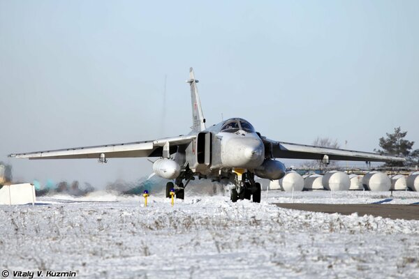 Su-24 bomber on the runway in winter