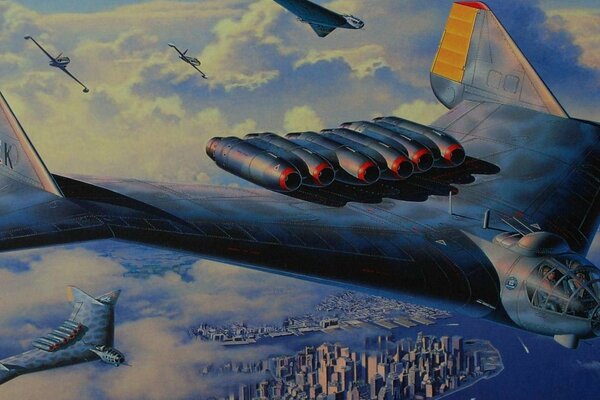 Bombarderos alemanes vuelan en el cielo azul