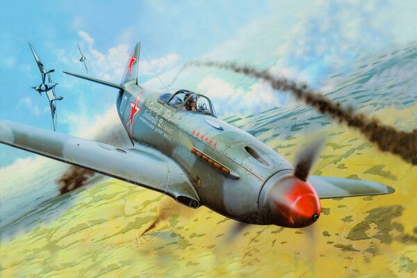 Dibujo del avión soviético Yak-3 en combate