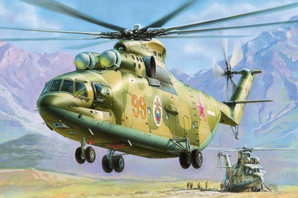 Dibujo del legendario helicóptero soviético mi-26 en el fondo de las montañas