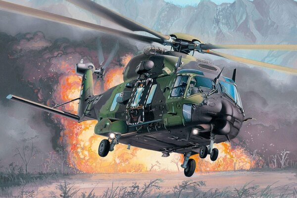 Вертолет гмс, nh90 многоцелевой eurocopter улетает от огня