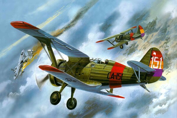 Советский одномоторный истребитель в воздухе с врагом