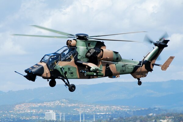 Helicóptero tigre en el cielo sobre la ciudad