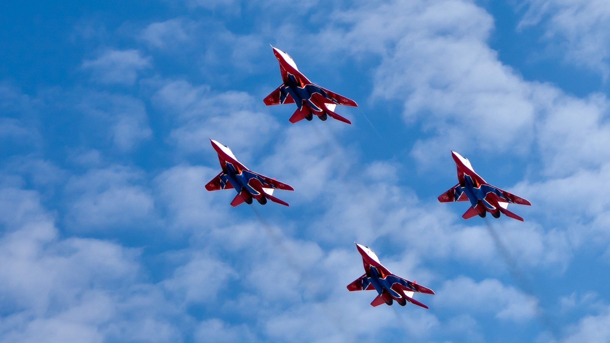 height flight mig-29 multi-purpose fighter swifts aerobatic the group clouds sky