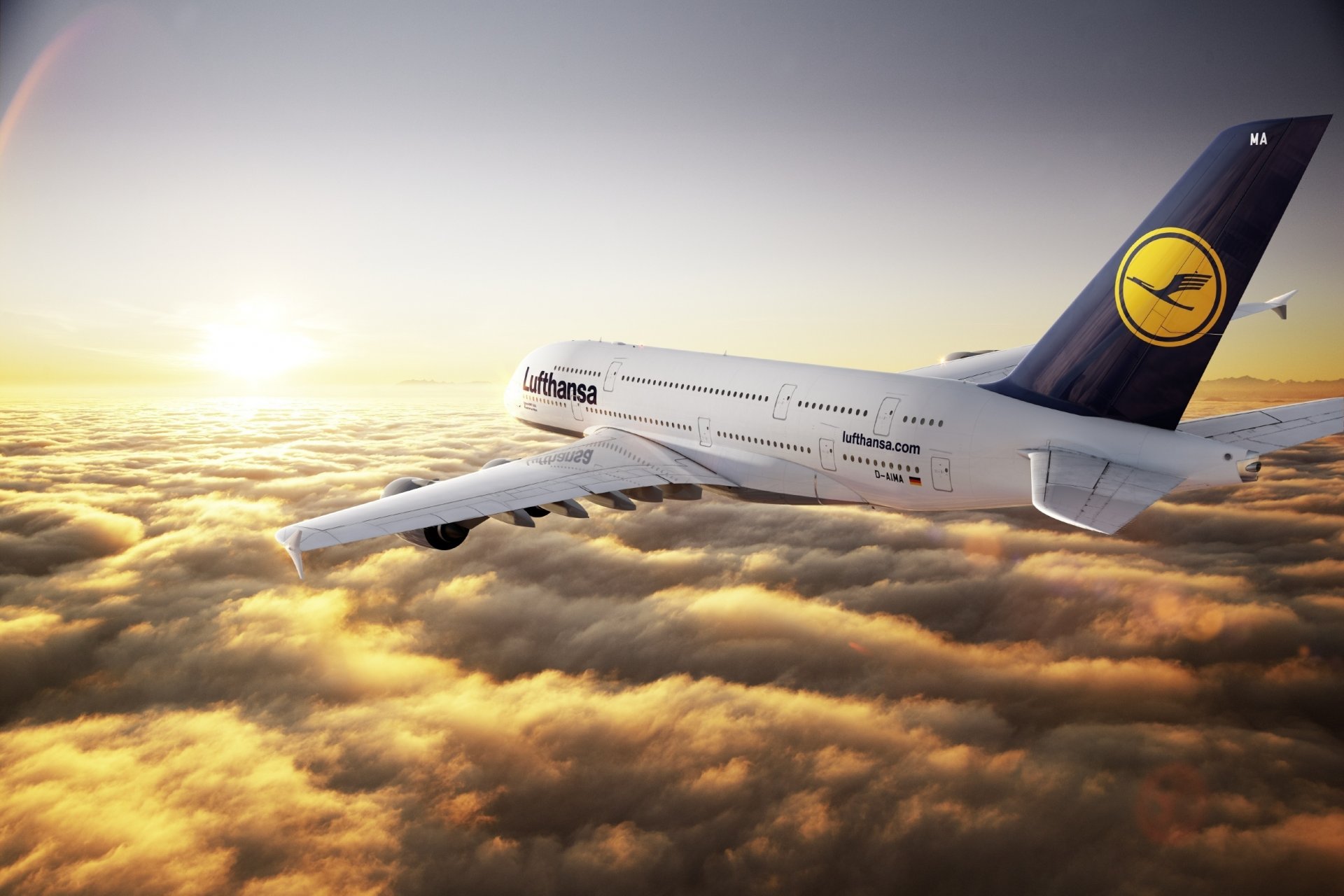 airbus a380 lufthansa liner passenger plane flight sky clouds height horizon sun rays sunset