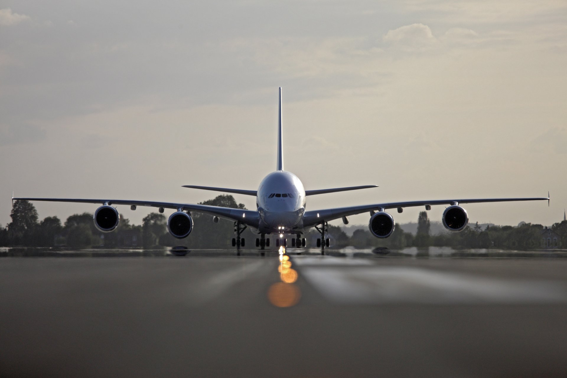 liner airbus a380 plane air france airport off the band sky clouds tree