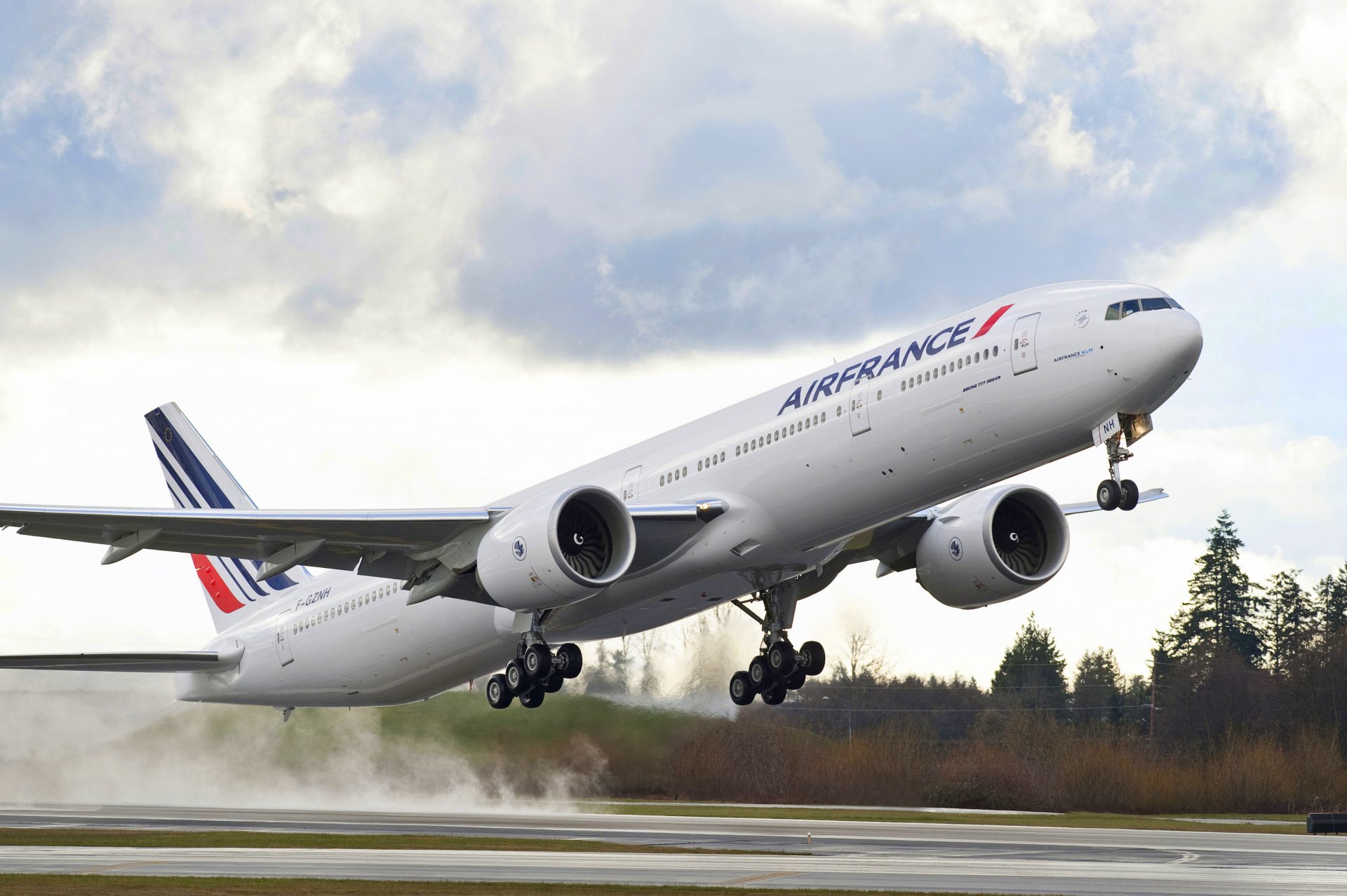 pasażerski samolot boeing air france powietrze francja liniowiec start niebo chmury drzewa