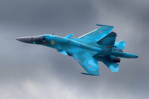 A blue bomber in flight in a gray sky