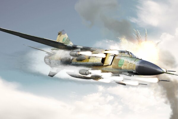 art MIG-23 attaque une cible ennemie avec des missiles 