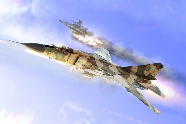 Mig 23 is flying down in the sky