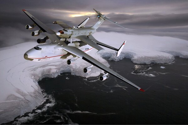 Two planes in cloudy weather against the background of a blizzard