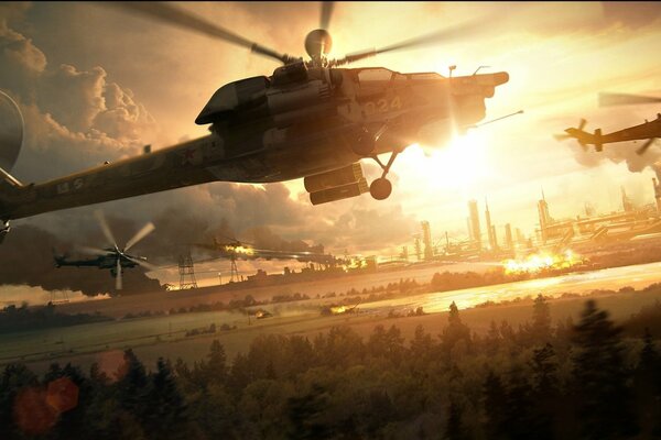 Военные вертолёты ми-8 летят над городом