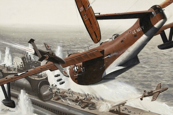 Atterrissage d un avion sur le pont d un sous-marin