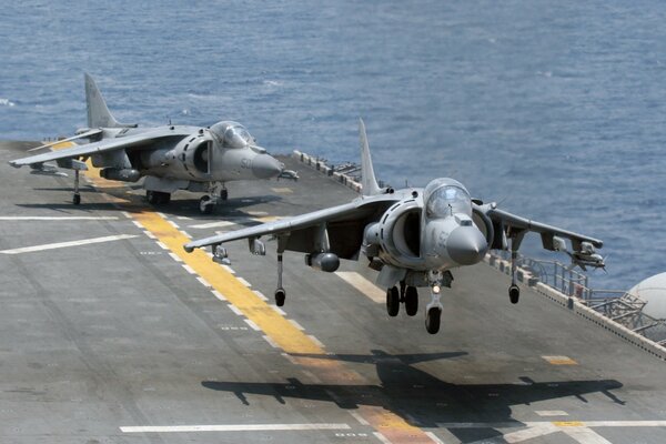 Take-off from the deck of British Harrier fighter-bombers