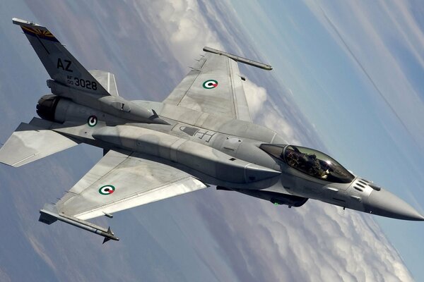 The American f16 Falcon fighter is flying rapidly