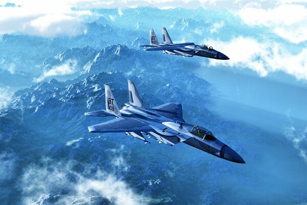 Two fighter jets fly over mountain peaks
