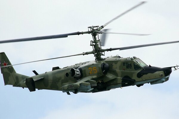 Schwarzer Hai ka-50 in Tarnfarbe im Flug