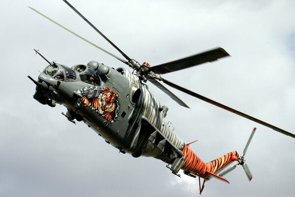 Вертолёт в тигровом окрасе с изображением тигра в небе