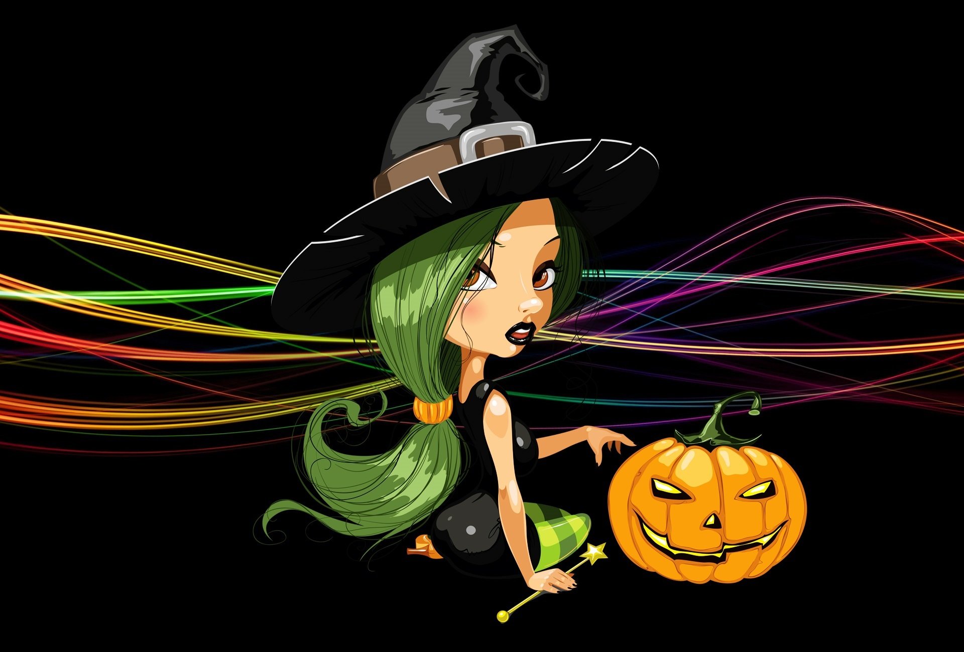 happy halloween witch hat sitting green hair line pumpkin jack-o-lantern black background