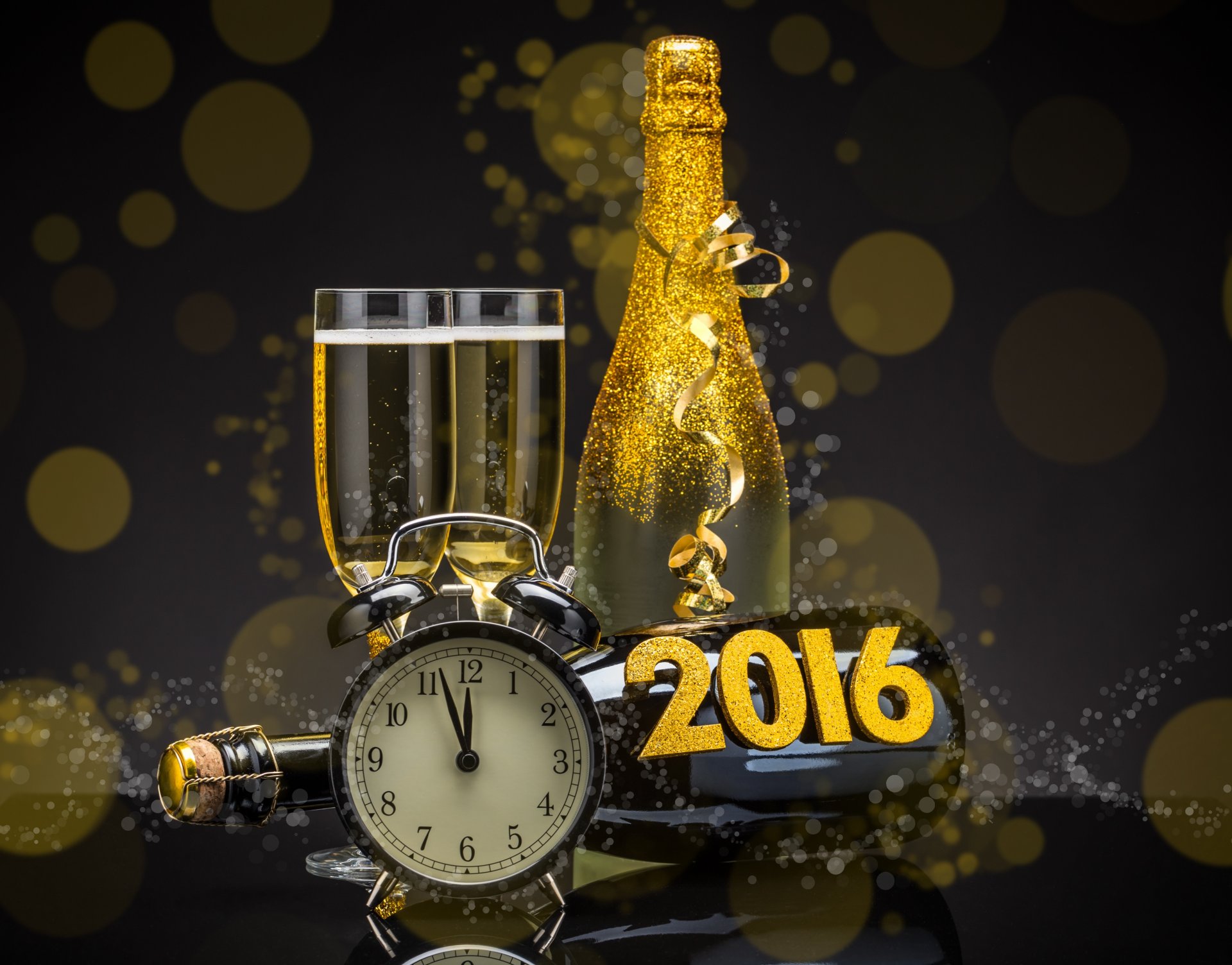 2016 heureux nouvel an or champagne horloge bouteille verres à vin